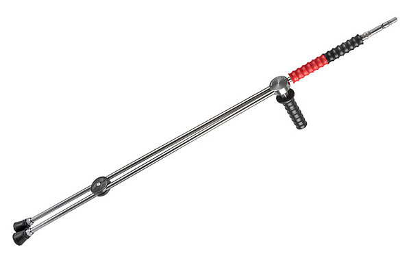 Die Doppellanze mit zwei Strahlrohren bietet sich zur stufenlosen Druckverstellung bei konstanter Wassermenge an. Sie kann an alle Hochdruckreiniger angeschlossen werden.